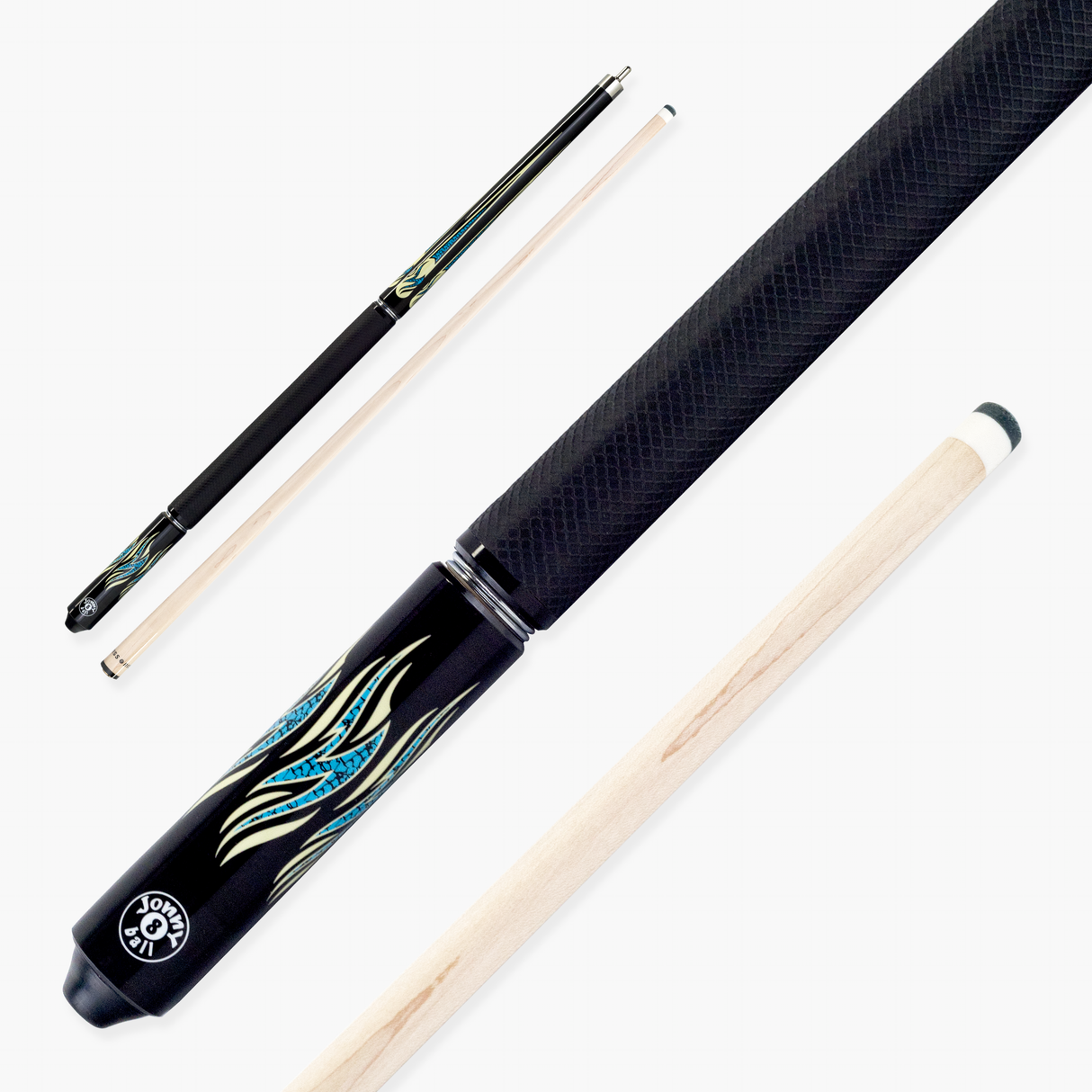 Jonny 8 Ball 58 Inch 2 Piece Maple American Pool Cue 12mm Tip - BLUE