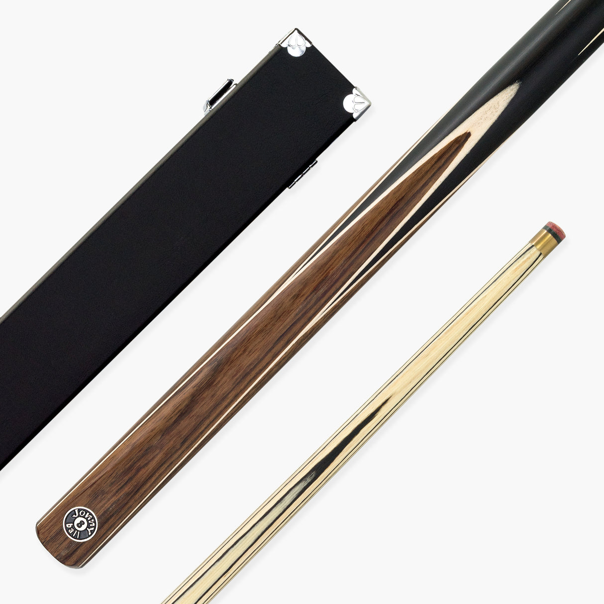 Jonny 8 Ball Walnut 57 Inch Two Piece English Pool Cue and Case Set 8.5mm Red Layered Tip