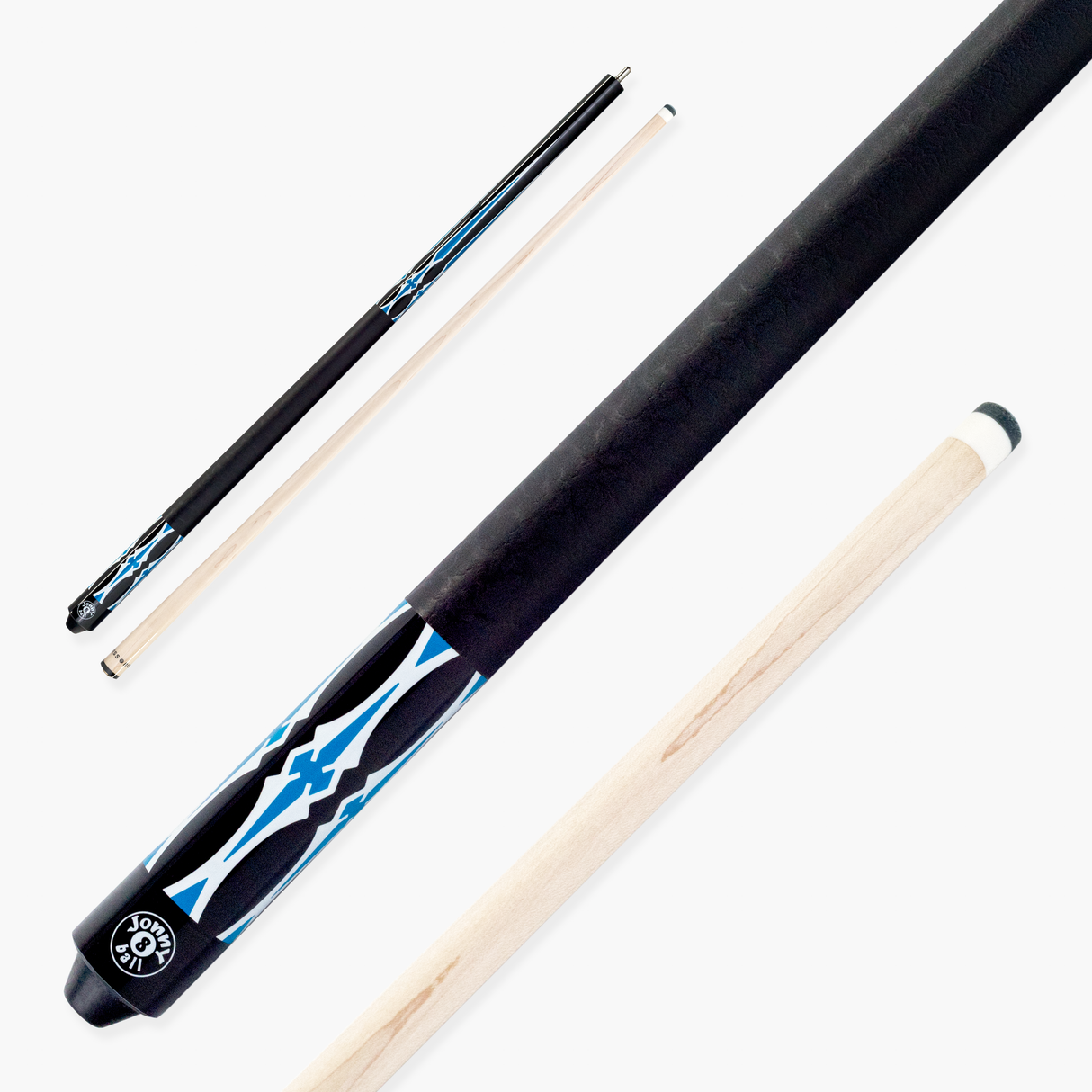 Jonny 8 Ball 58 Inch 2 Piece Maple American Pool Cue 12mm Tip - BLUE