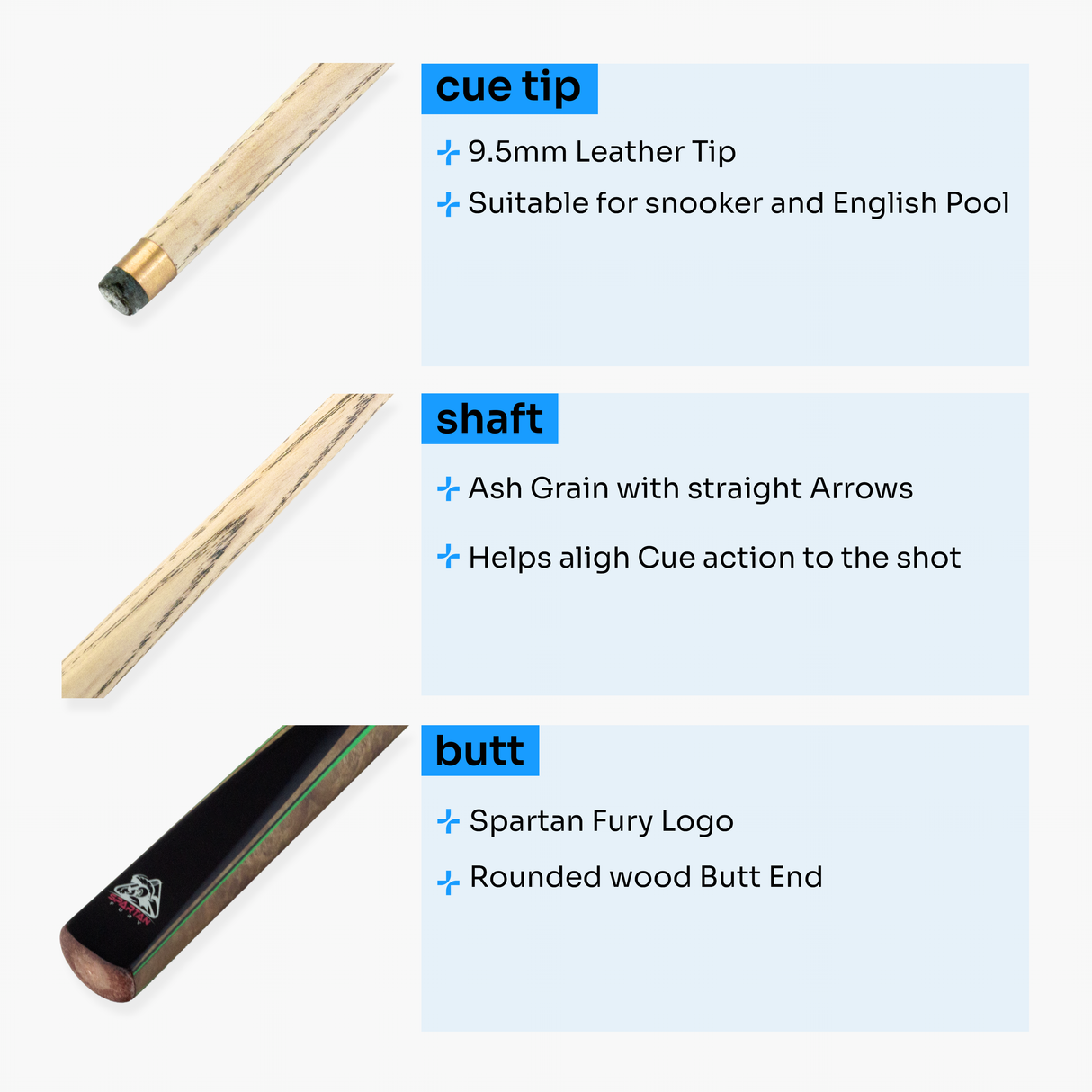 Spartan Fury VANQUISH 57 inch 3/4 Jointed Matching Ash Snooker Pool Cue – 9.5mm Tip