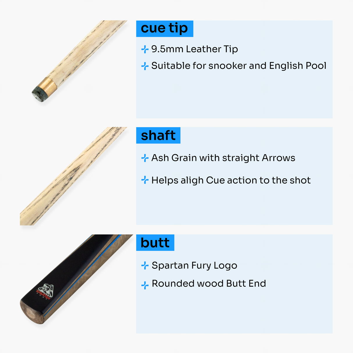 Spartan Fury VANQUISH 57 inch 3/4 Jointed Matching Ash Snooker Pool Cue – 9.5mm Tip