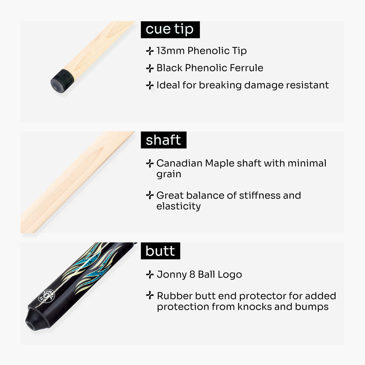 Jonny 8 Ball Aqua RISS 2 Piece American Pool Break and Jump Cue with 13mm Phenolic Tip