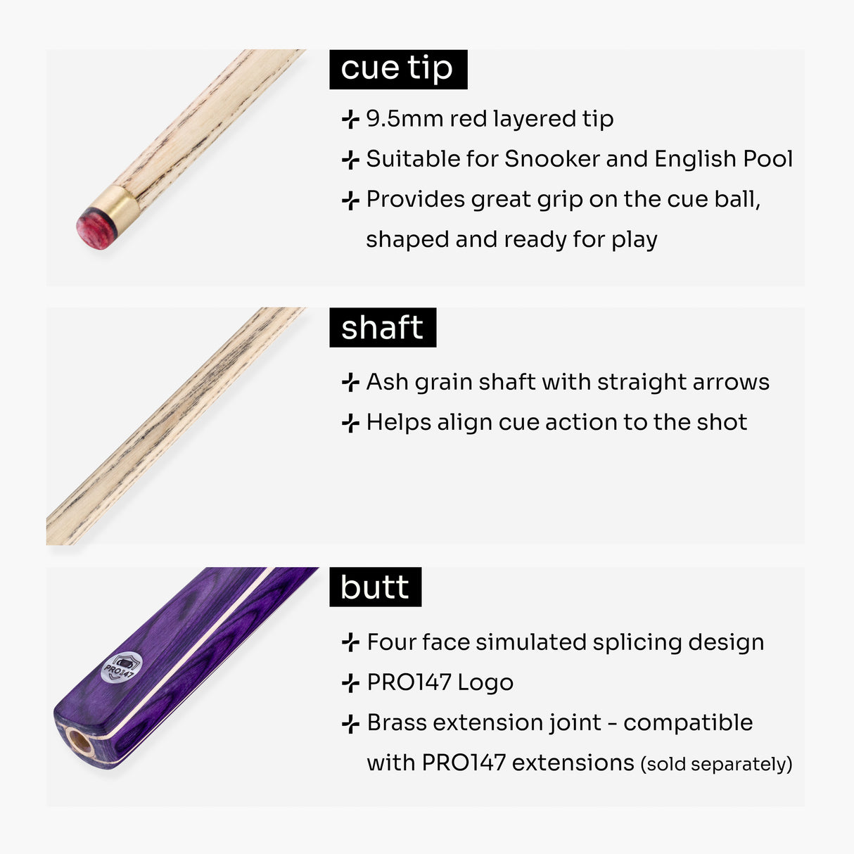 PRO147 Windser 57 Inch 2 Piece Ash Snooker and Pool Cue with 9.5mm Tip