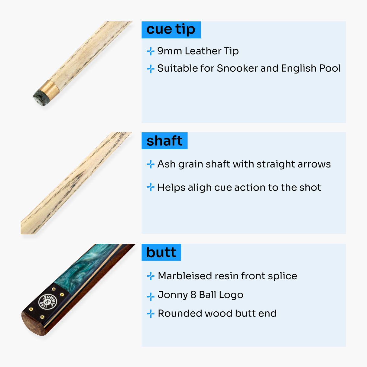 Jonny 8 Ball Marble 57 Inch 2 Piece Matching Ash Snooker Pool Cue with 9mm Tip