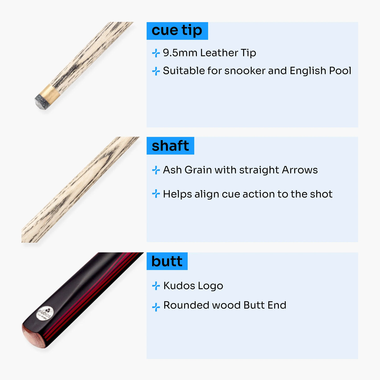 Kudos DIAMOND 57 Inch 2 Piece Matching Ash Grain Snooker Pool Cue - 9.5mm Tip Kudos