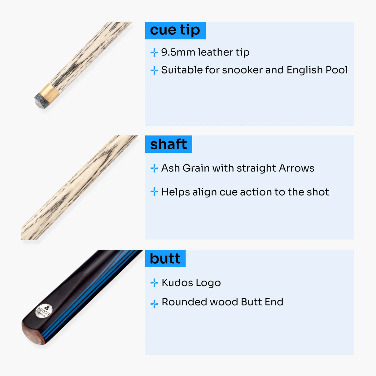 Kudos DIAMOND 57 Inch 2 Piece Matching Ash Grain Snooker Pool Cue - 9.5mm Tip Kudos