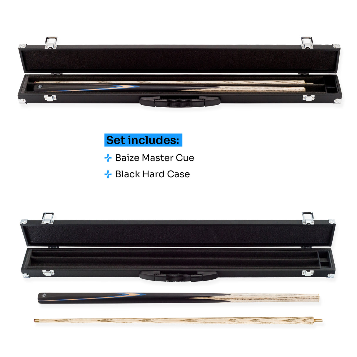 Baize Master Challenger 2 Piece Snooker Pool Cue and Case Set 9.5mm Pro Leather Tip with Black Hard Case