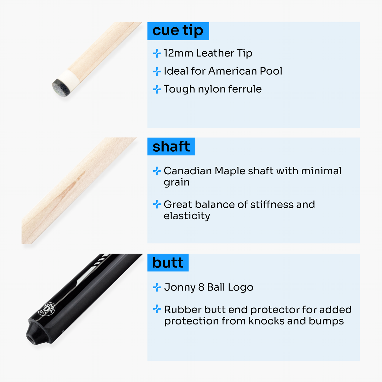 Jonny 8 Ball 58 Inch 2 Piece Maple American Pool Cue 12mm Tip - BLACK