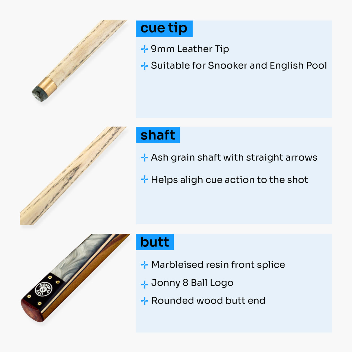 Jonny 8 Ball Marble 57 Inch 2 Piece Matching Ash Snooker Pool Cue with 9mm Tip