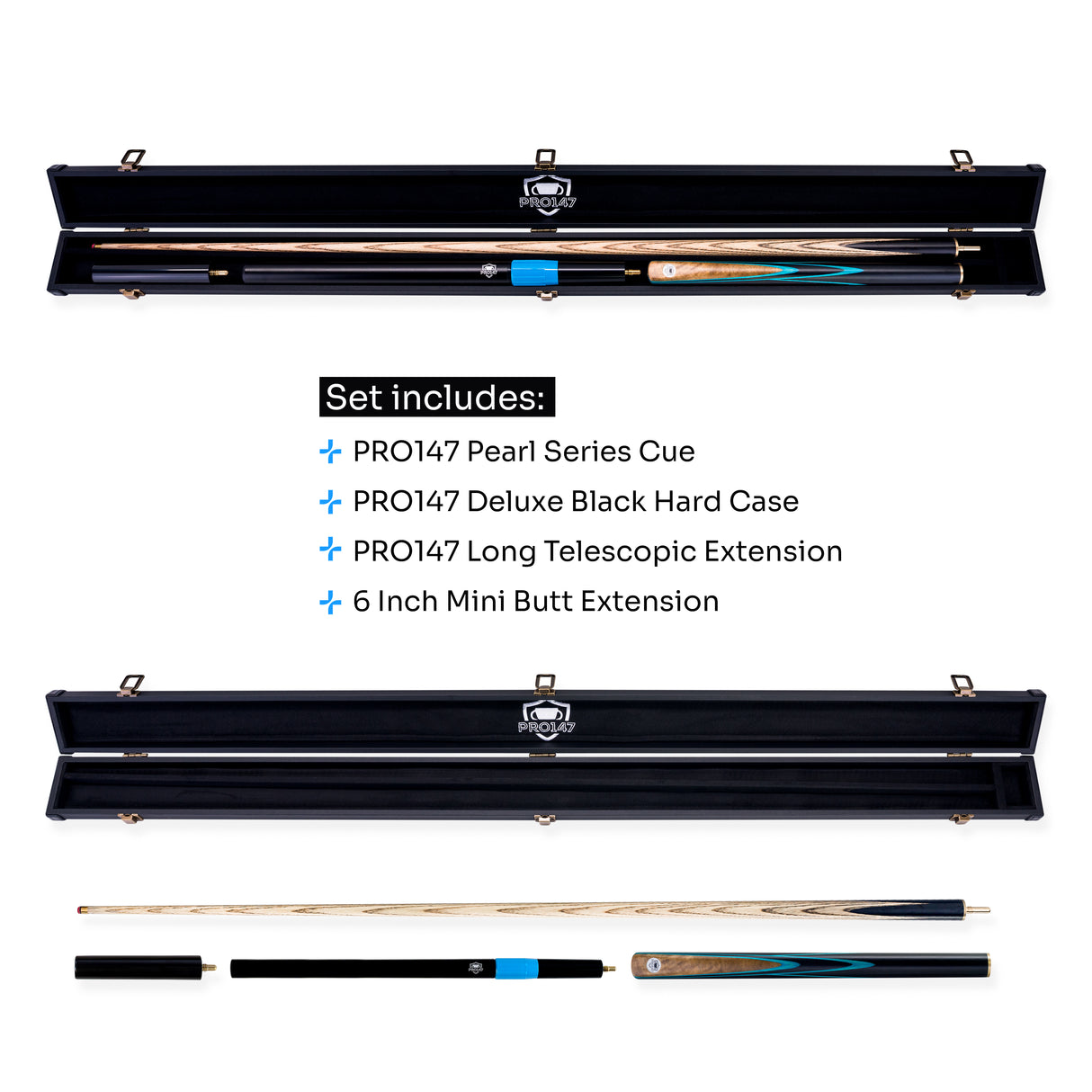 PRO147 Pearl Series Blue Burl 3/4 Joint Deluxe Cue and Case Set with 9.5mm Professional Red Leather Tip