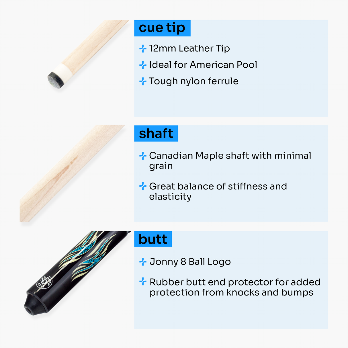 Jonny 8 Ball 58 Inch 2 Piece Maple American Pool Cue 12mm Tip - BLUE