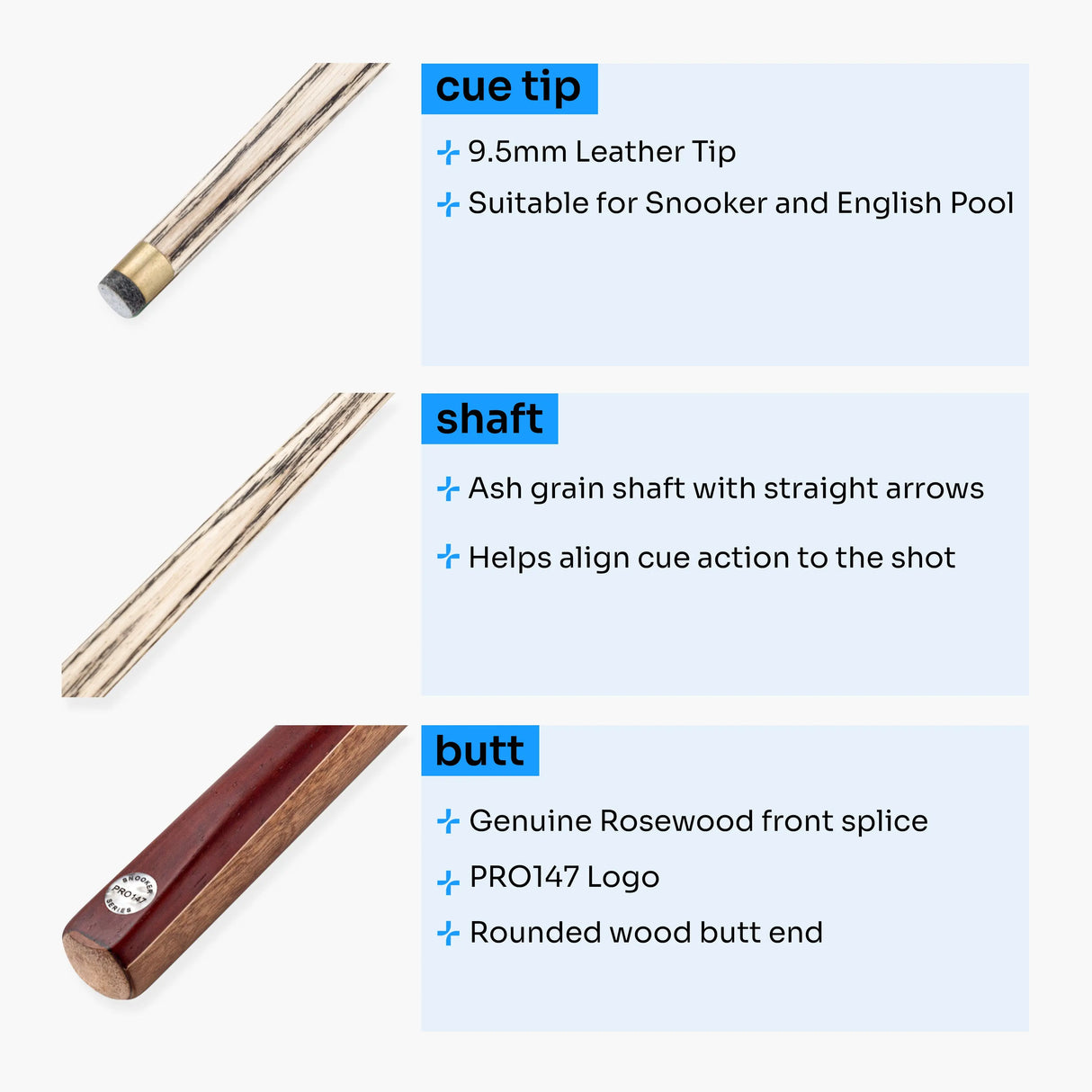 PRO147 Traditional CHAMPION 57 Inch 2 Piece Pool Snooker Cue with 9.5mm Tip - SE13 PRO147