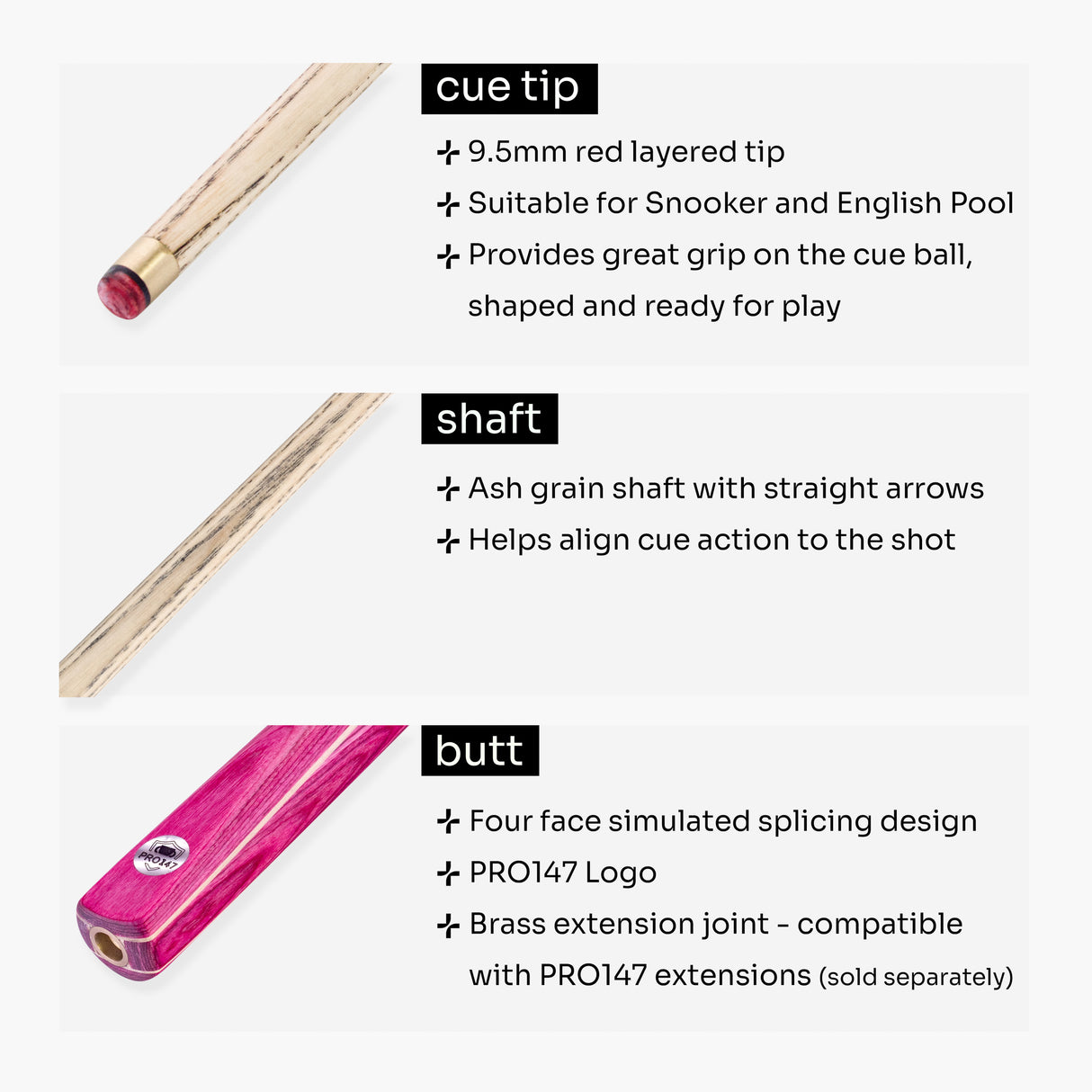 PRO147 Windser 57 Inch 2 Piece Ash Snooker and Pool Cue with 9.5mm Tip