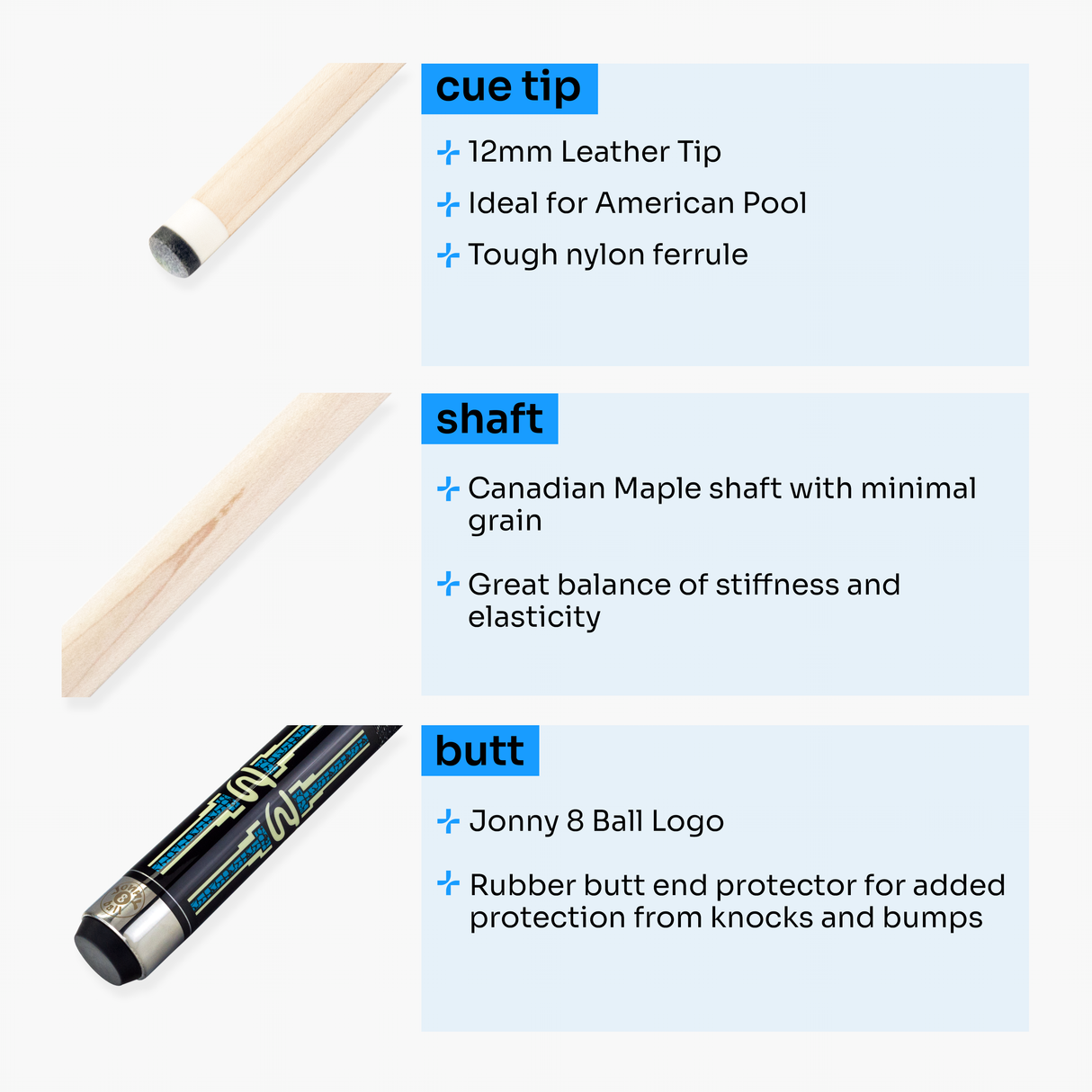 Jonny 8 Ball Mosaic Americano 2 Piece Heavy Weight Maple American Pool Cue 12mm Tip