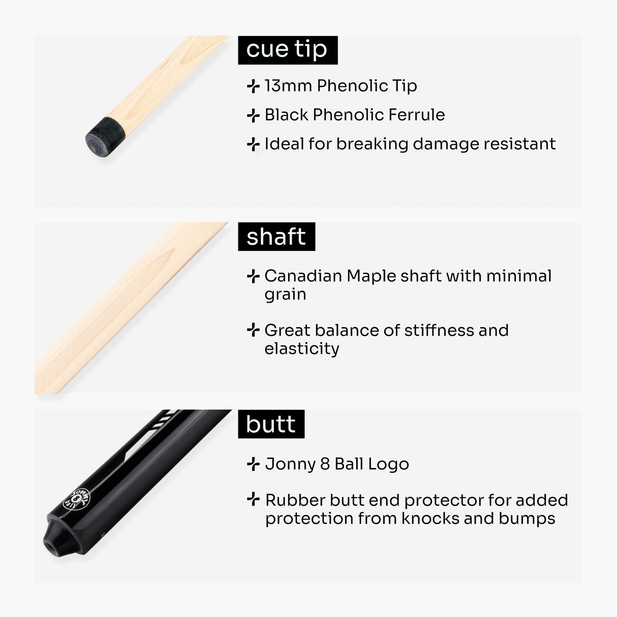 Jonny 8 Ball 2 Piece American Pool Break Cue with 13mm Phenolic Tip - BLACK