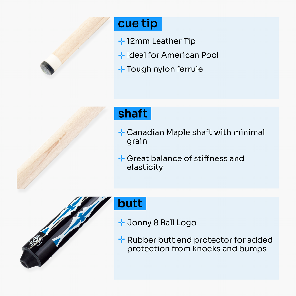 Jonny 8 Ball 58 Inch 2 Piece Maple American Pool Cue 12mm Tip - BLUE