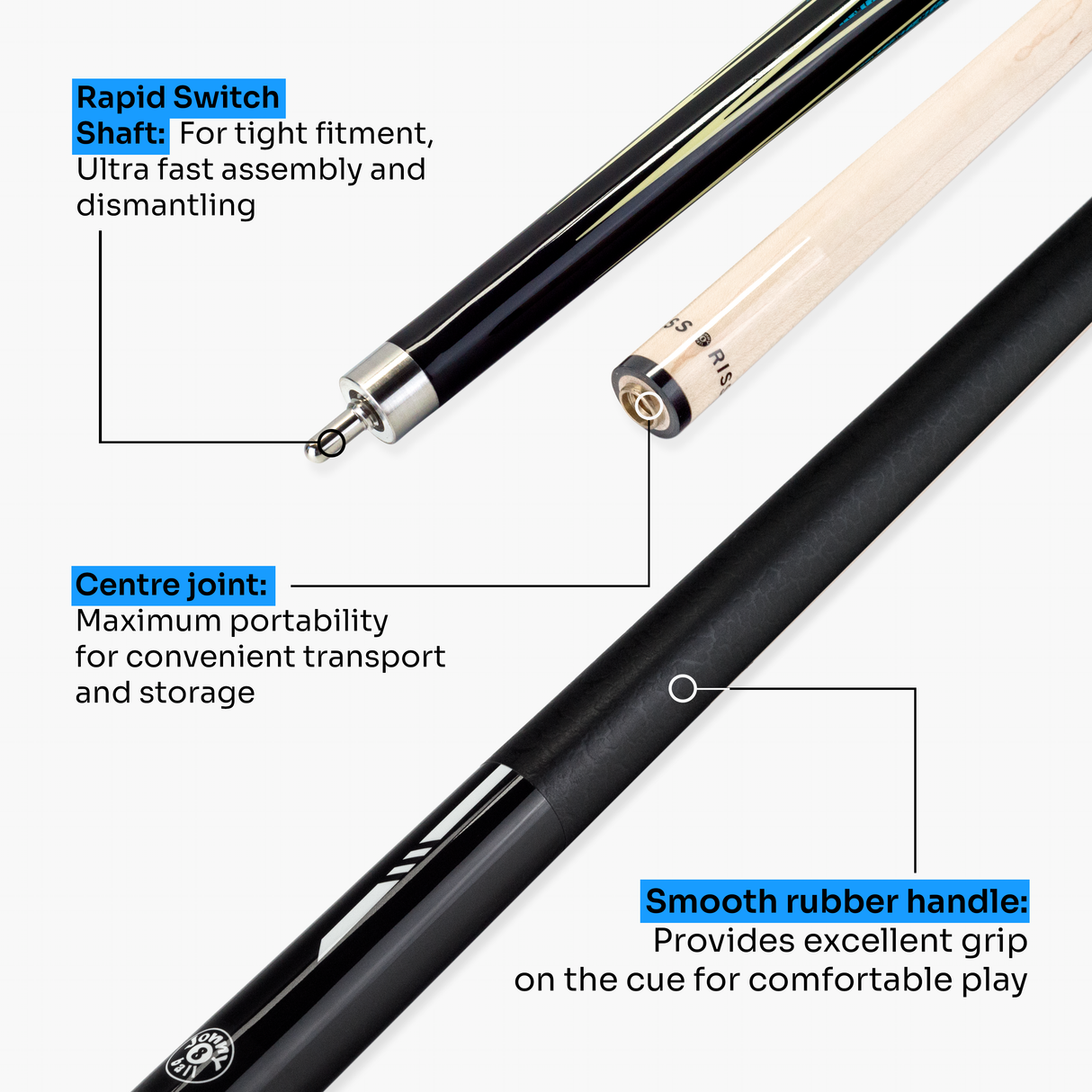 Jonny 8 Ball 58 Inch 2 Piece Maple American Pool Cue 12mm Tip - BLACK