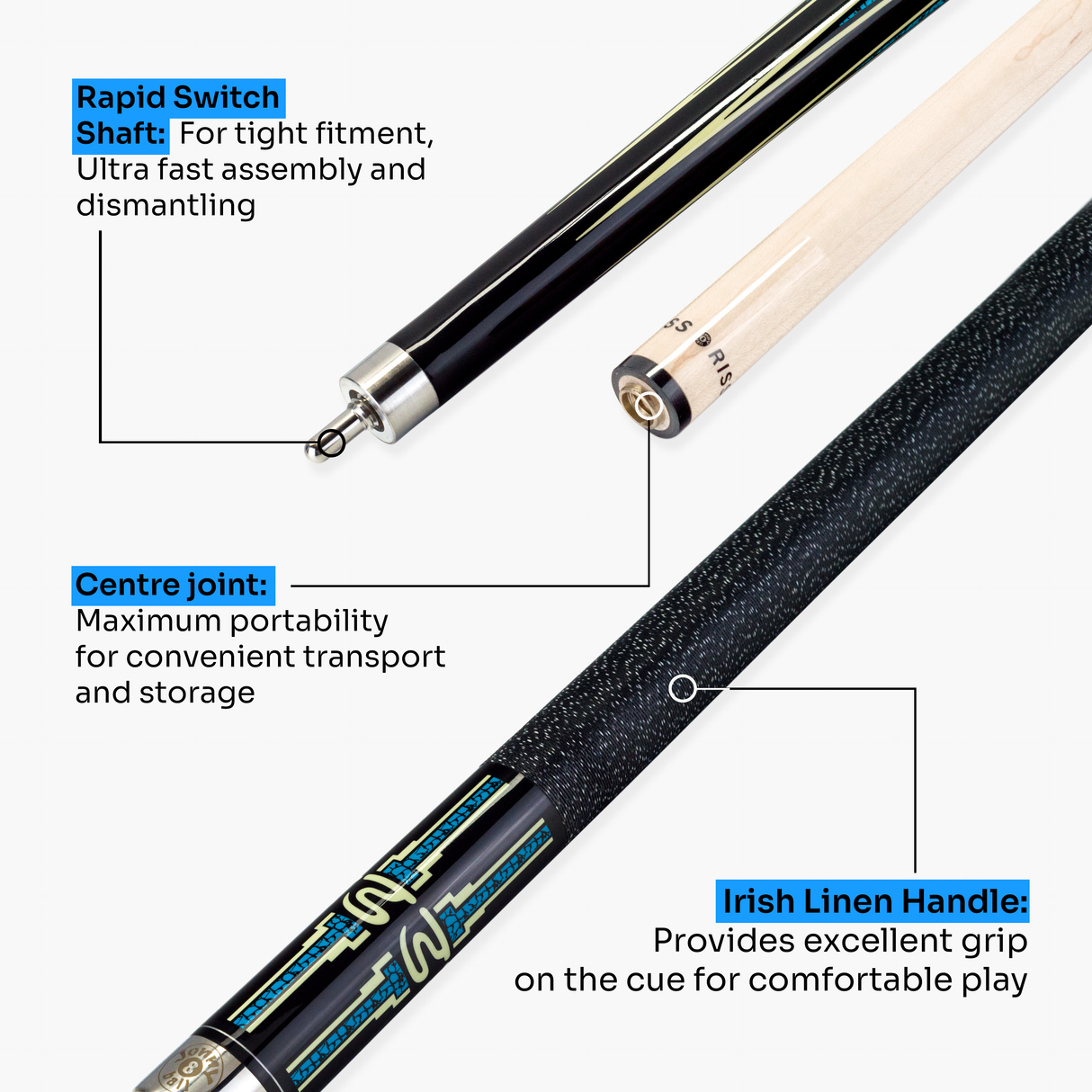 Jonny 8 Ball Mosaic Americano 2 Piece Heavy Weight Maple American Pool Cue 12mm Tip