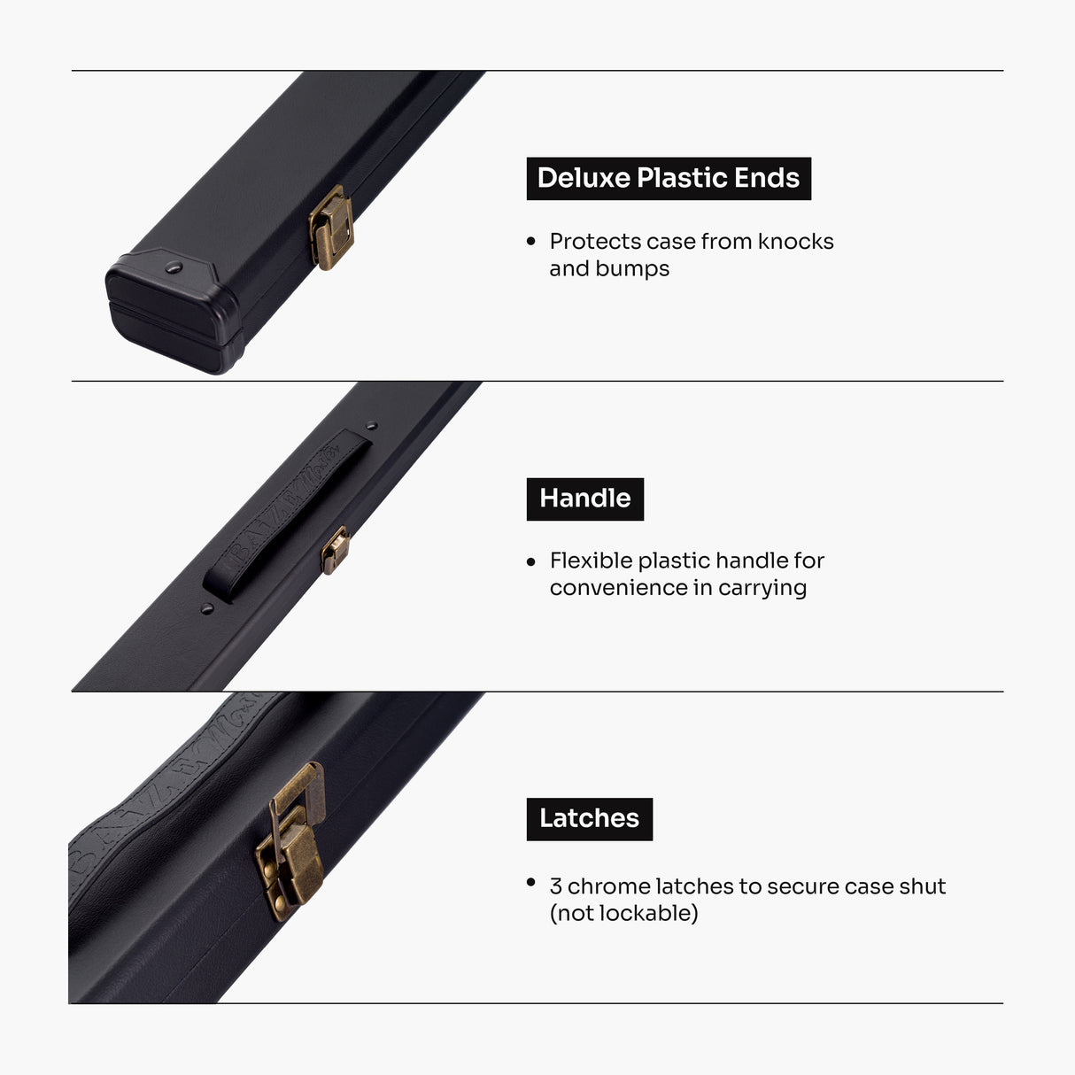 Baize Master Deluxe PLAIN BLACK 2pc Pool and Snooker Cue Case with Metal Badge and Plastic Ends - Black Interior Baize Master