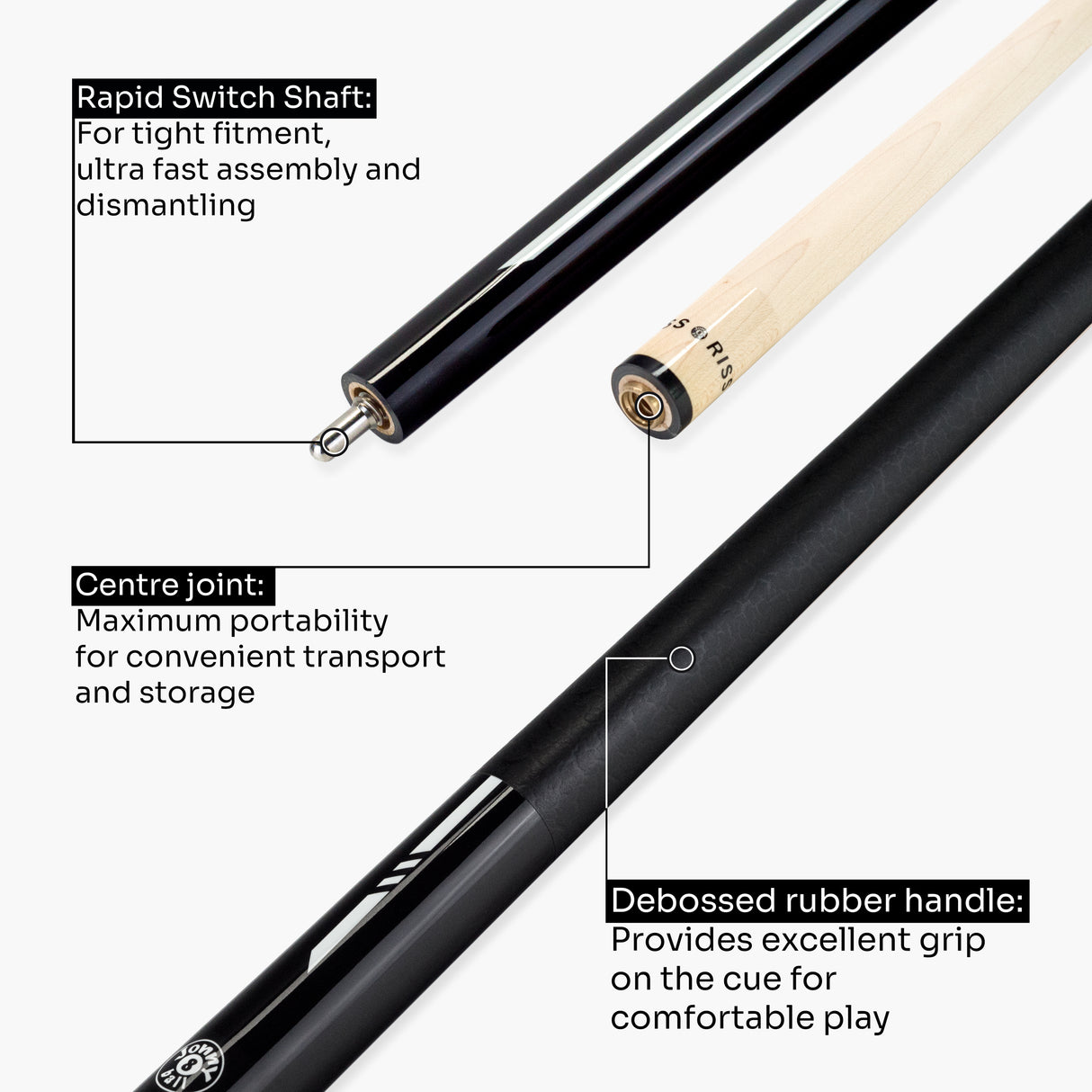 Jonny 8 Ball 2 Piece American Pool Break Cue with 13mm Phenolic Tip - BLACK