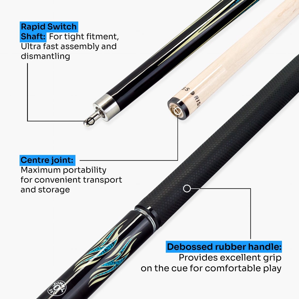 Jonny 8 Ball 58 Inch 2 Piece Maple American Pool Cue 12mm Tip - BLUE