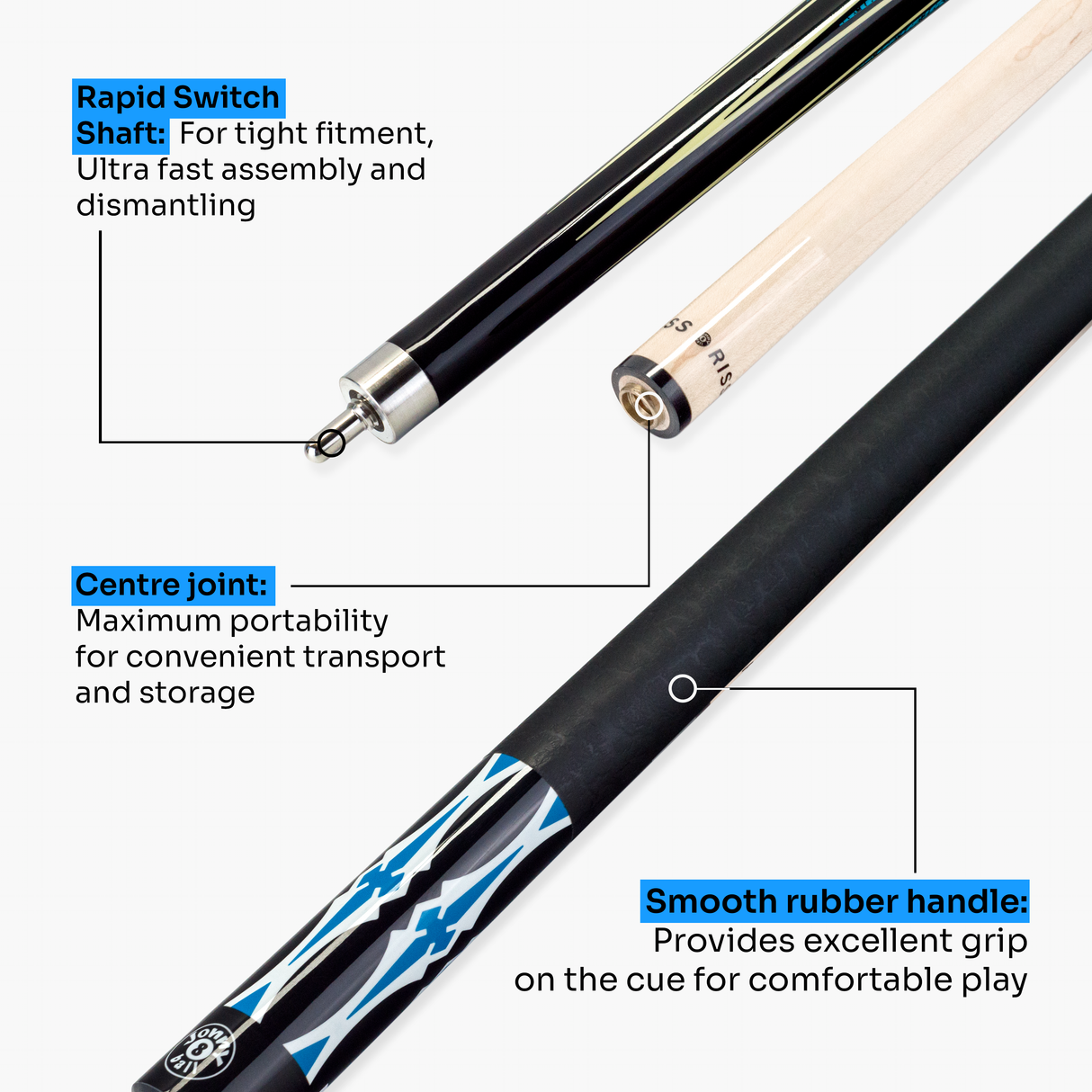 Jonny 8 Ball 58 Inch 2 Piece Maple American Pool Cue 12mm Tip - BLUE