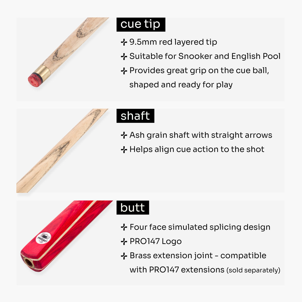 PRO147 Windsor 2 Piece Snooker and Pool Cue and Case Set 9.5mm Red Professional Tip