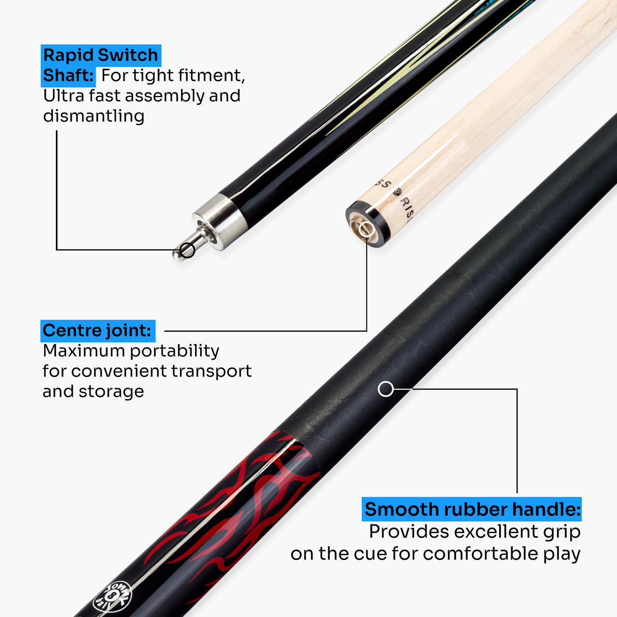Jonny 8 Ball 58 Inch 2 Piece Maple American Pool Cue 12mm Tip - BLACK