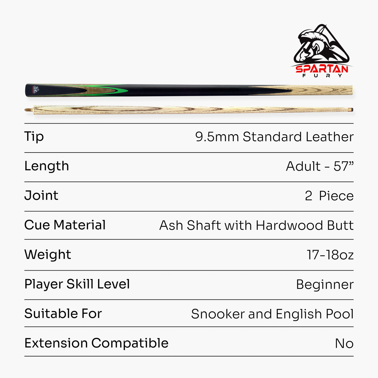 Spartan Fury CONQUEST 2 Piece Matching Ash Centre Joint Snooker Pool Cue 9.5mm Tip