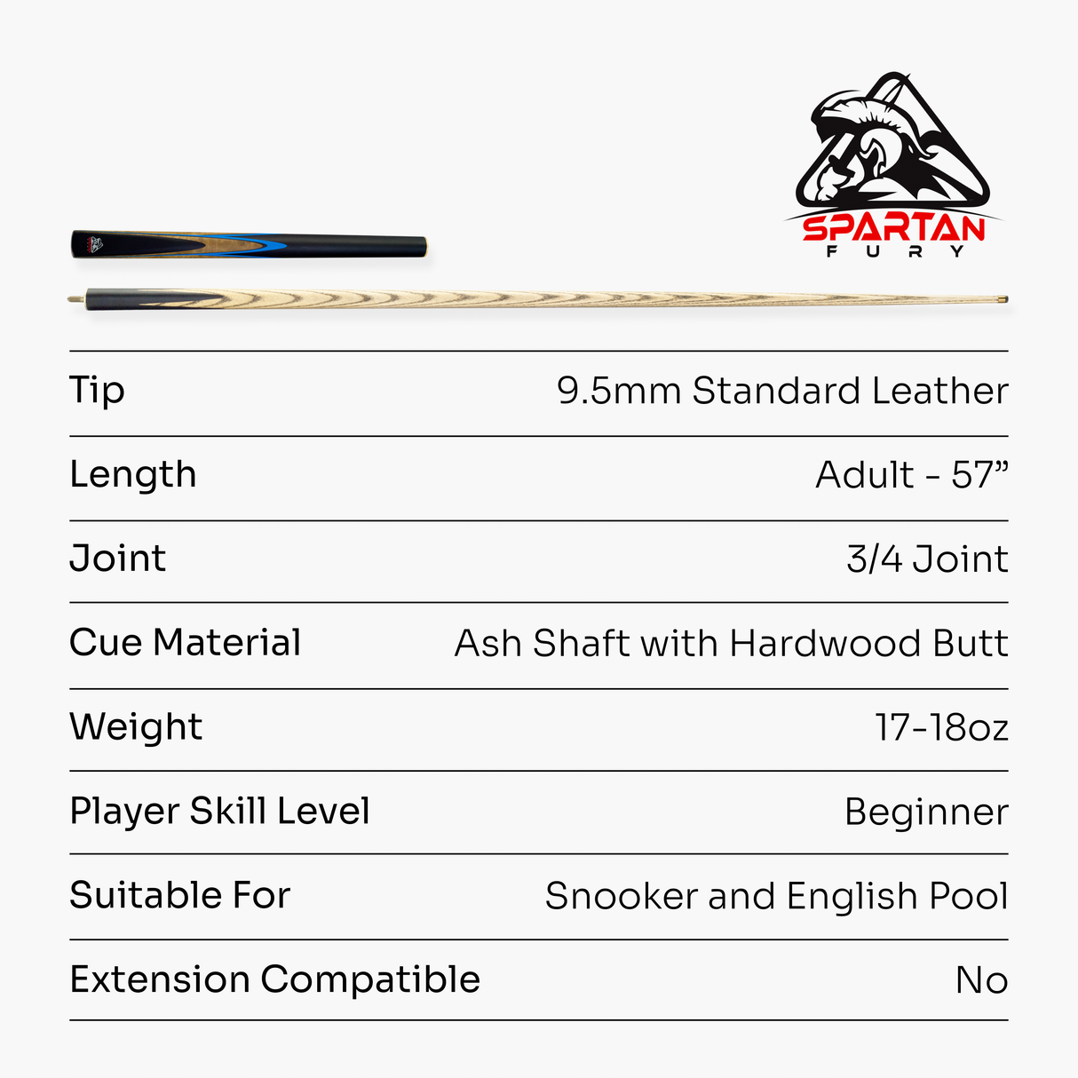 Spartan Fury VANQUISH 57 inch 3/4 Jointed Matching Ash Snooker Pool Cue – 9.5mm Tip