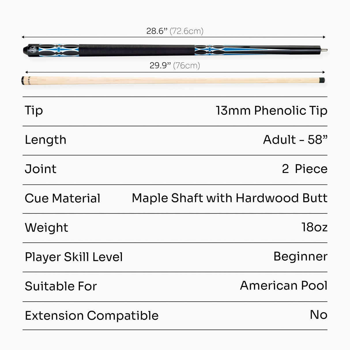 Jonny 8 Ball 2 Piece American Pool Break Cue with 13mm Phenolic Tip - BLACK