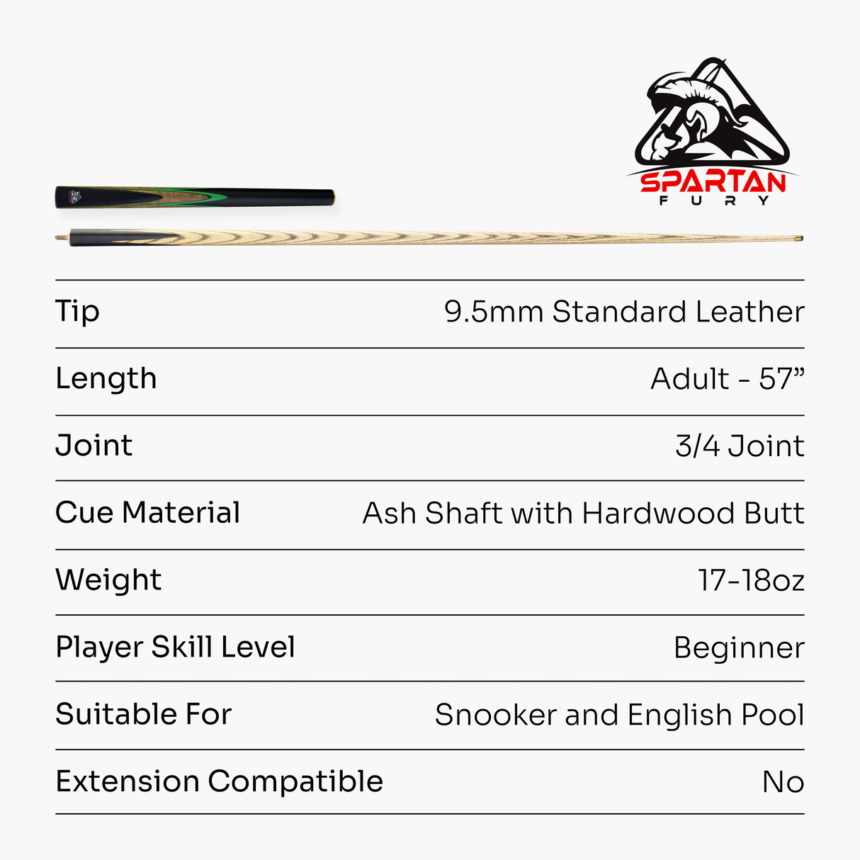 Spartan Fury VANQUISH 57 inch 3/4 Jointed Matching Ash Snooker Pool Cue – 9.5mm Tip