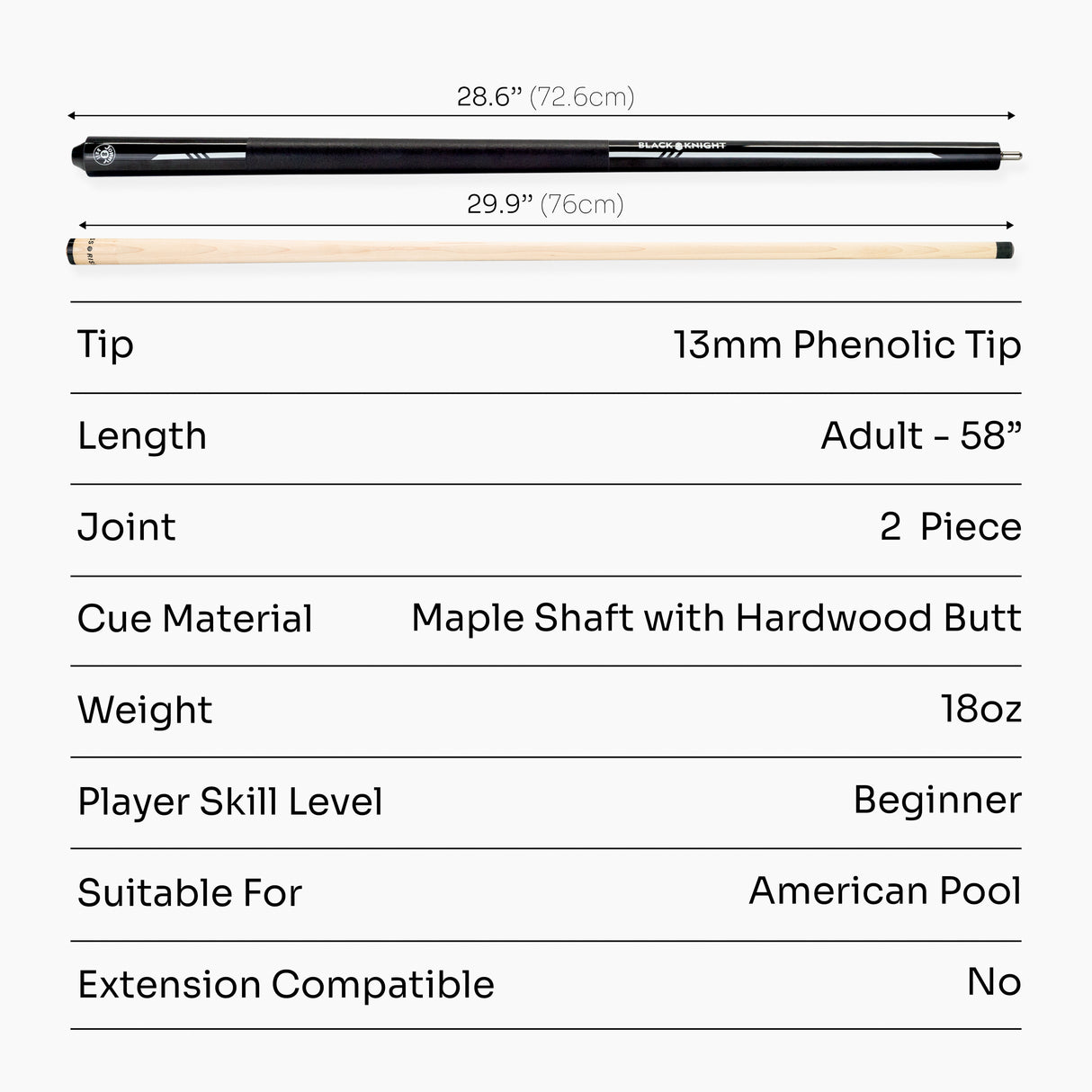 Jonny 8 Ball 2 Piece American Pool Break Cue with 13mm Phenolic Tip - BLACK
