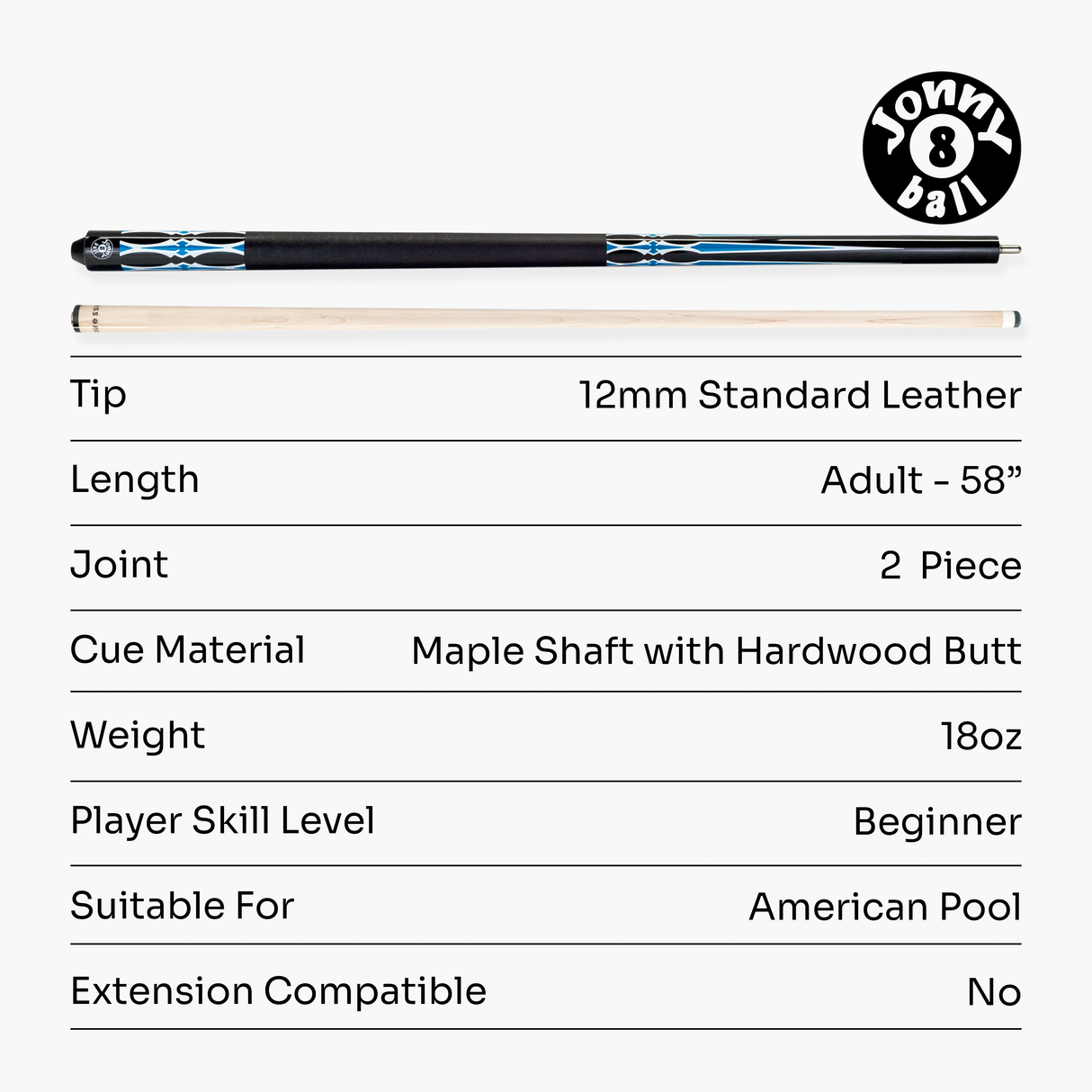 Jonny 8 Ball 58 Inch 2 Piece Maple American Pool Cue 12mm Tip - BLUE
