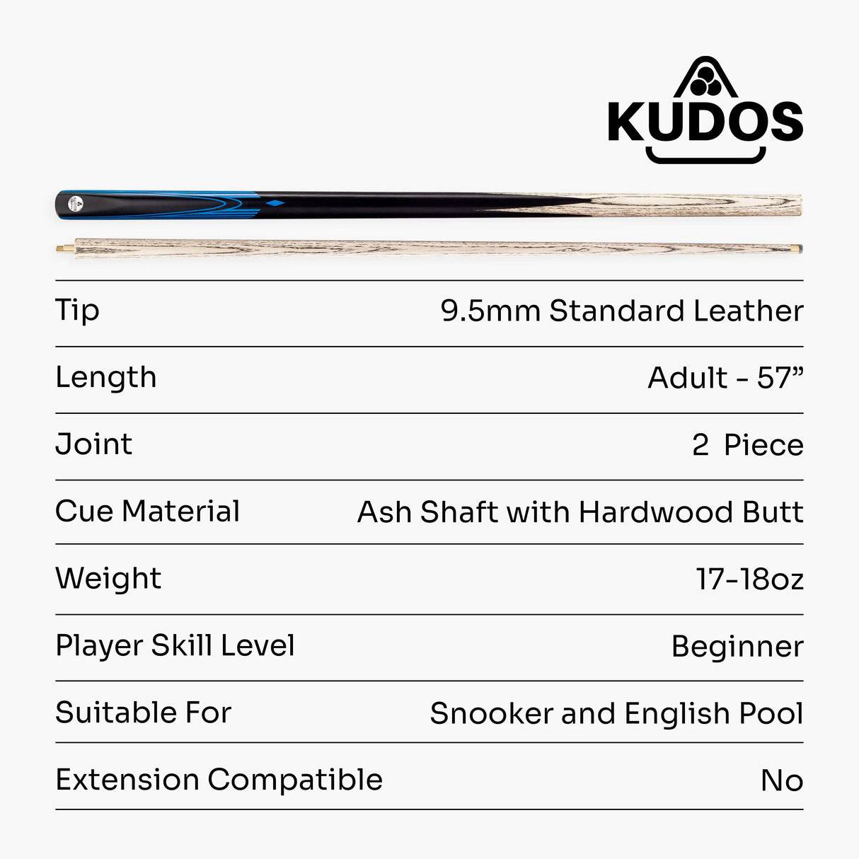 Kudos DIAMOND 57 Inch 2 Piece Matching Ash Grain Snooker Pool Cue - 9.5mm Tip Kudos