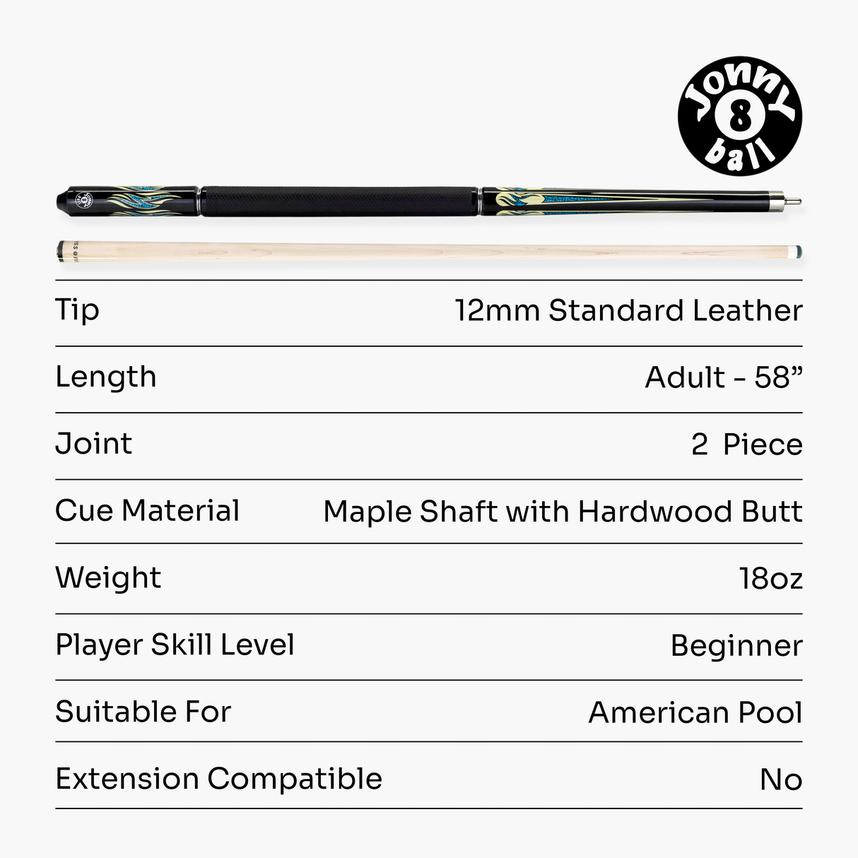 Jonny 8 Ball 58 Inch 2 Piece Maple American Pool Cue 12mm Tip - BLUE