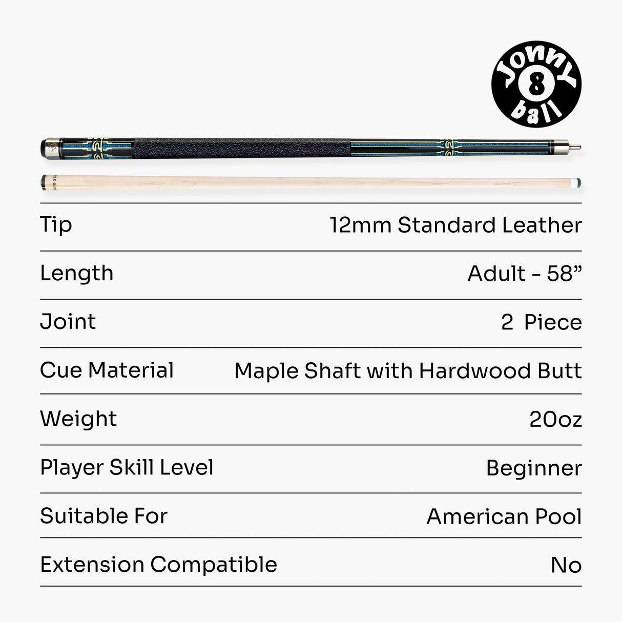 Jonny 8 Ball Mosaic Americano 2 Piece Heavy Weight Maple American Pool Cue 12mm Tip