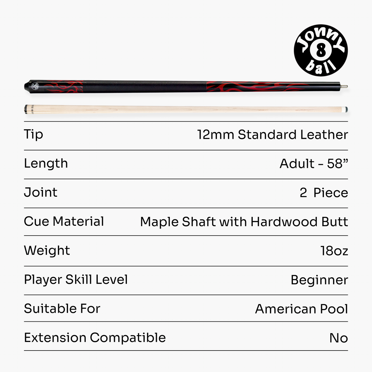 Jonny 8 Ball 58 Inch 2 Piece Maple American Pool Cue 12mm Tip - BLACK