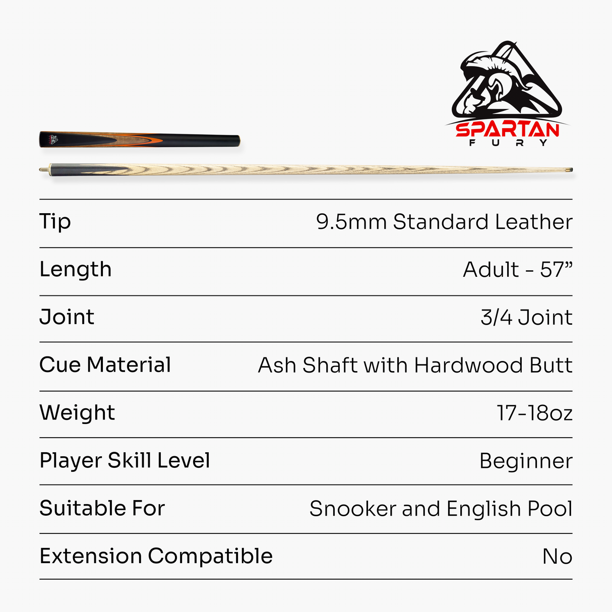 Spartan Fury VANQUISH 57 inch 3/4 Jointed Matching Ash Snooker Pool Cue – 9.5mm Tip