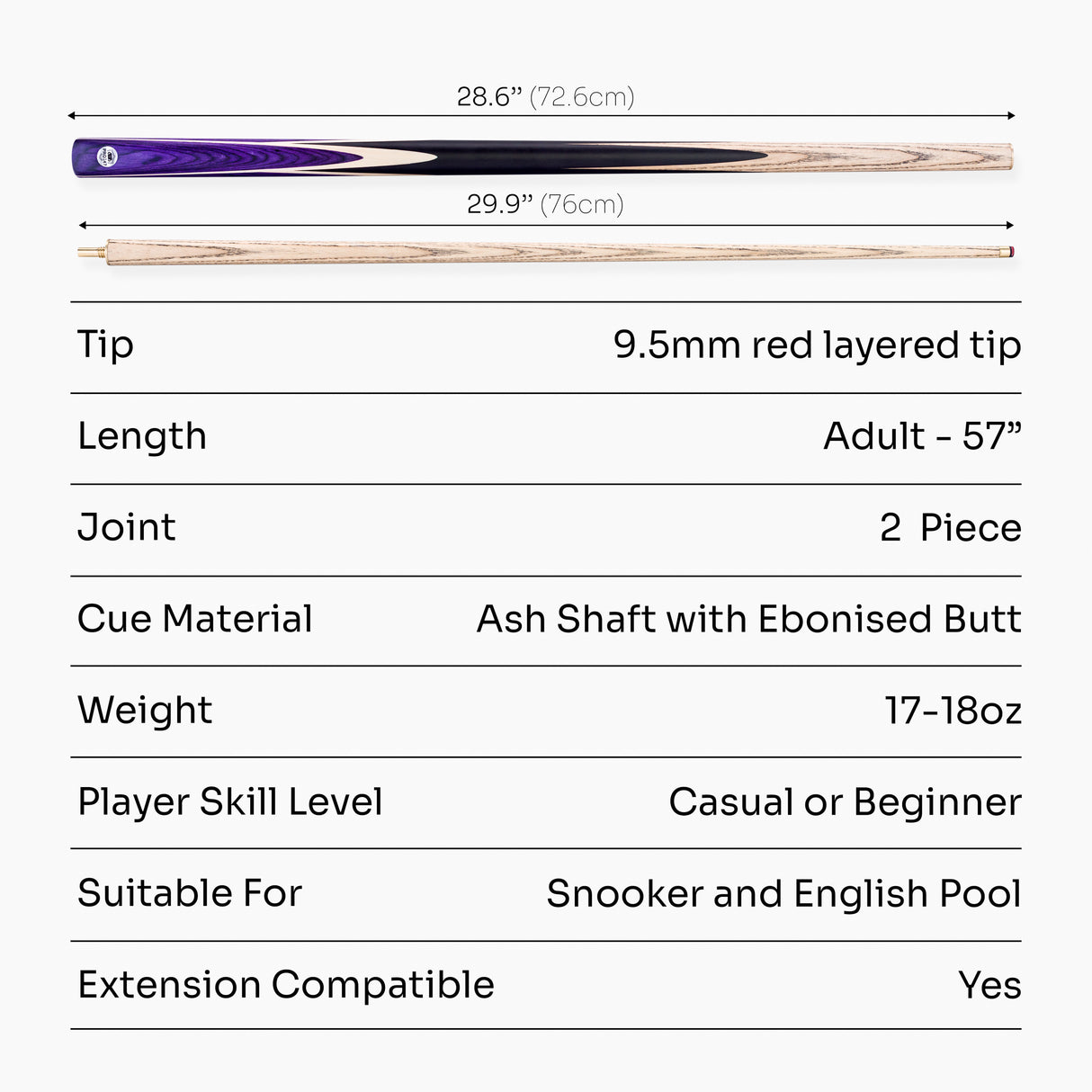 PRO147 Windser 57 Inch 2 Piece Ash Snooker and Pool Cue with 9.5mm Tip
