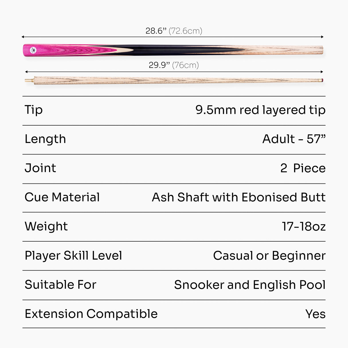 PRO147 Windser 57 Inch 2 Piece Ash Snooker and Pool Cue with 9.5mm Tip