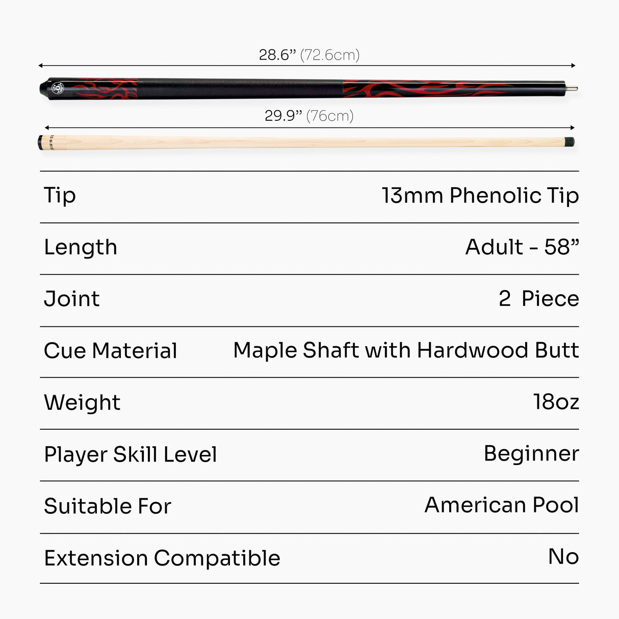 Jonny 8 Ball 2 Piece American Pool Break Cue with 13mm Phenolic Tip - BLACK