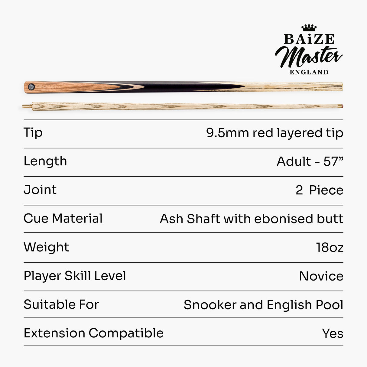 Baize Master Challenger 2 Piece Snooker Pool Cue and Case Set 9.5mm Pro Leather Tip with Black Hard Case