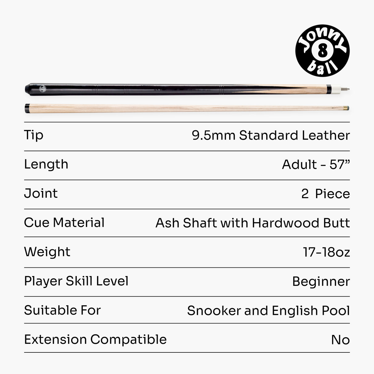 Jonny 8 Ball 57 Inch 2 Piece Pub Style Snooker Pool Cue and Case Set with 9.5mm Tip