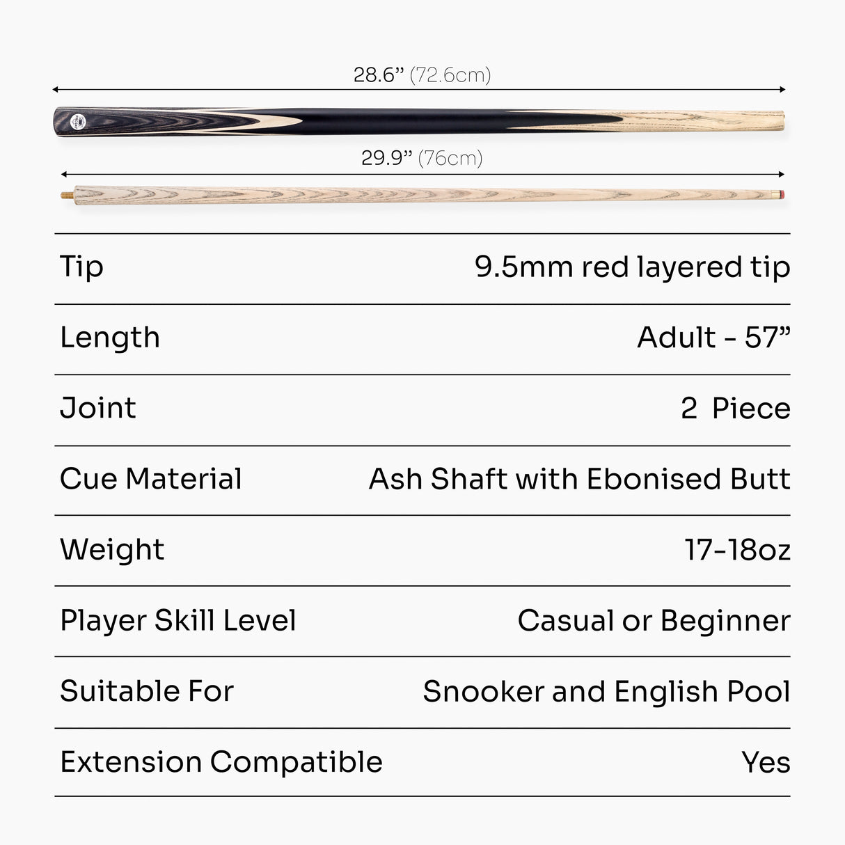 PRO147 Windser 57 Inch 2 Piece Ash Snooker and Pool Cue with 9.5mm Tip