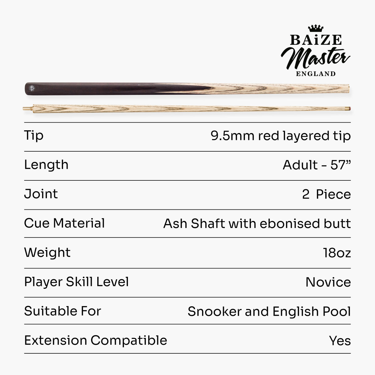 Baize Master Challenger 2 Piece Snooker Pool Cue and Case Set 9.5mm Pro Leather Tip with Black Hard Case