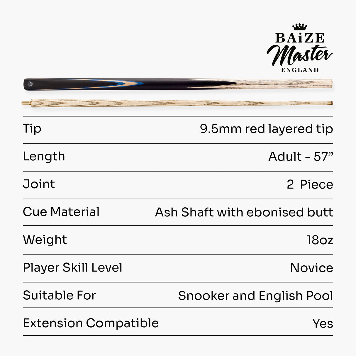 Baize Master Challenger 2 Piece Snooker Pool Cue and Case Set 9.5mm Pro Leather Tip with Black Hard Case