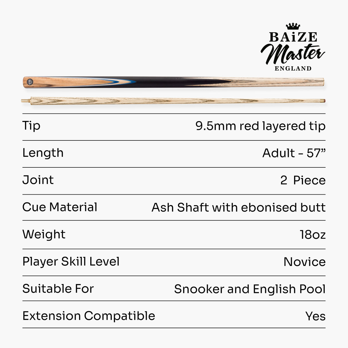 Baize Master Challenger 2 Piece Snooker Pool Cue and Case Set 9.5mm Pro Leather Tip with Black Hard Case