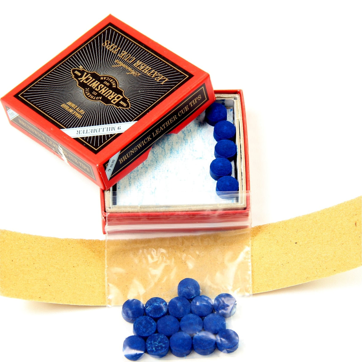 15 X 9mm Leather Blue Diamond Snooker Pool Cue Tips - Free Sandpaper