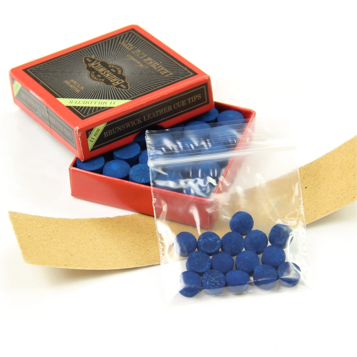 15 X 11mm Leather Blue Diamond Snooker Pool Cue Tips - Free Sandpaper